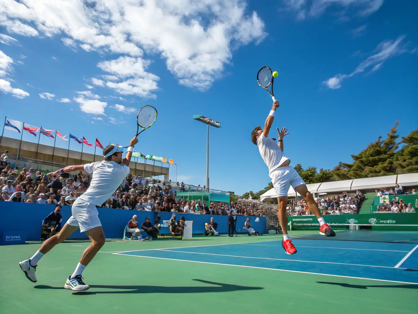 A lively beach tennis match on a sunny day, with players enjoying the game and spectators cheering at Beach Tennis and Padel Events.