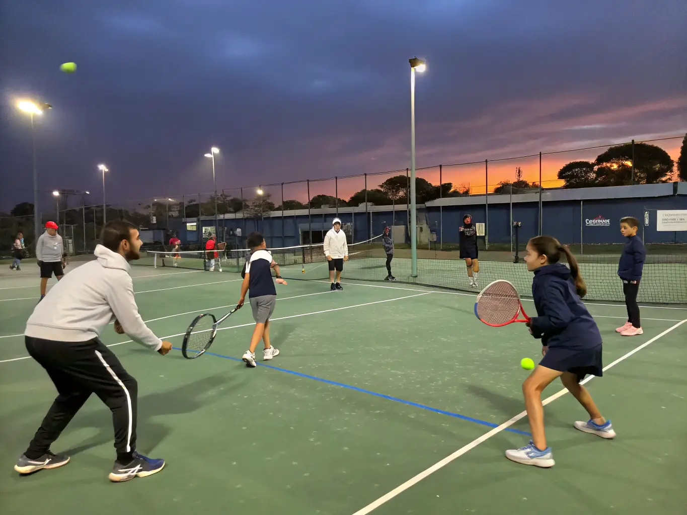 A vibrant tennis court with players engaged in coaching and matches, showcasing active participation in the Tennis Development Programs.