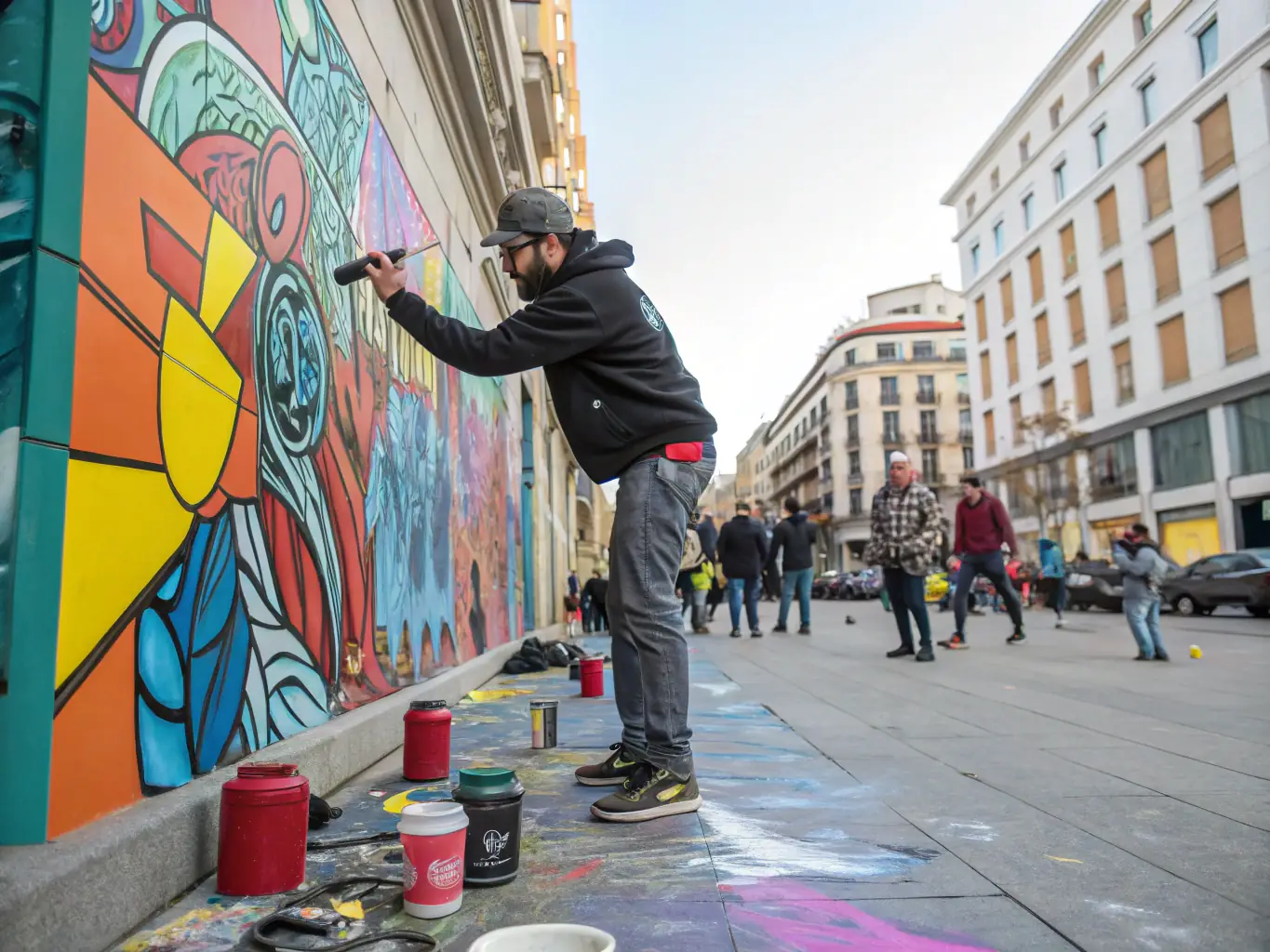 A dynamic image of a graffiti artist demonstrating advanced spray-painting techniques during a live demonstration, showcasing intricate details and vibrant colors.