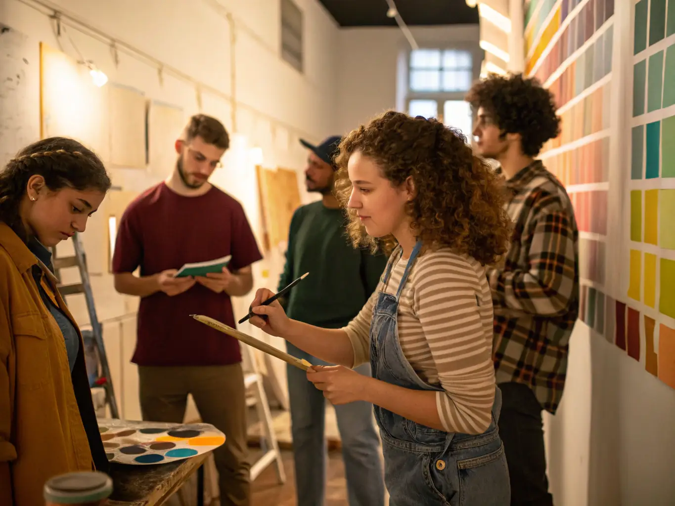 A group of participants actively engaged in a graffiti workshop, learning aerosol techniques from an instructor, with colorful spray art visible in the background.