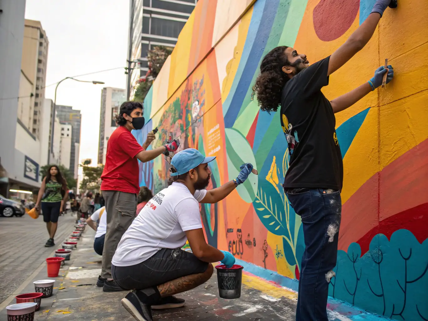 A group of young people collaborating on a large-scale community mural project, using spray paint to create a colorful and impactful artwork in a public space.