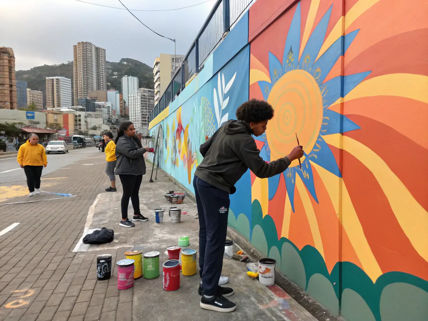 A vibrant photo of participants actively spray-painting murals under the guidance of an instructor, showcasing colorful aerosol art in progress.