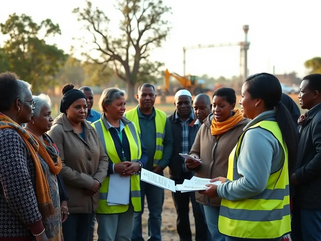A community outreach event where APPSD representatives are distributing safety information and resources to local residents near an extractive site.