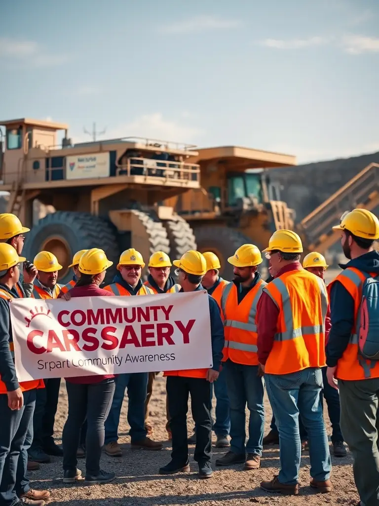 A group of workers wearing safety gear, participating in a safety awareness campaign in a mining community. The image should convey a sense of community engagement and proactive safety measures.