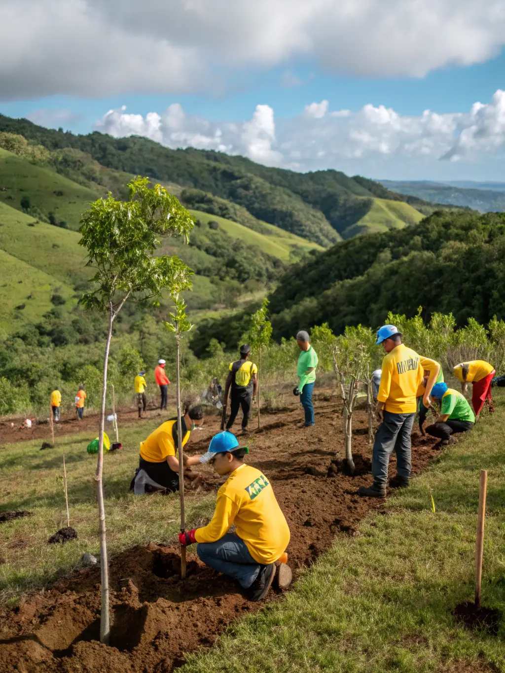 A group of APPSD volunteers planting trees in a reclaimed mining area, symbolizing environmental responsibility and community involvement.