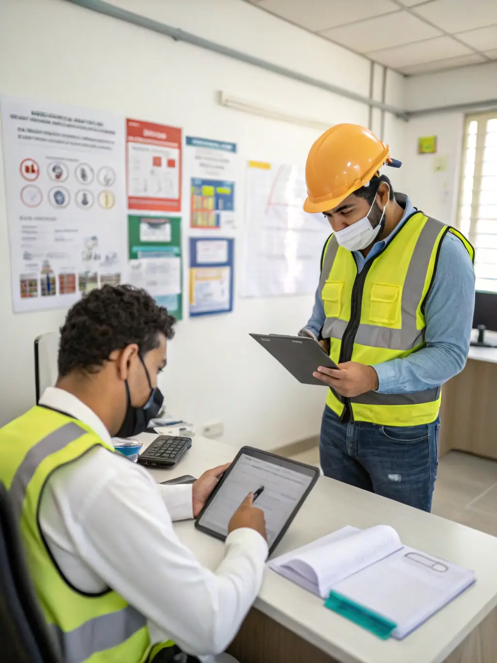 A health professional conducting a health screening for a worker in an extractive industry setting. The image should highlight the importance of regular health check-ups and occupational health support.