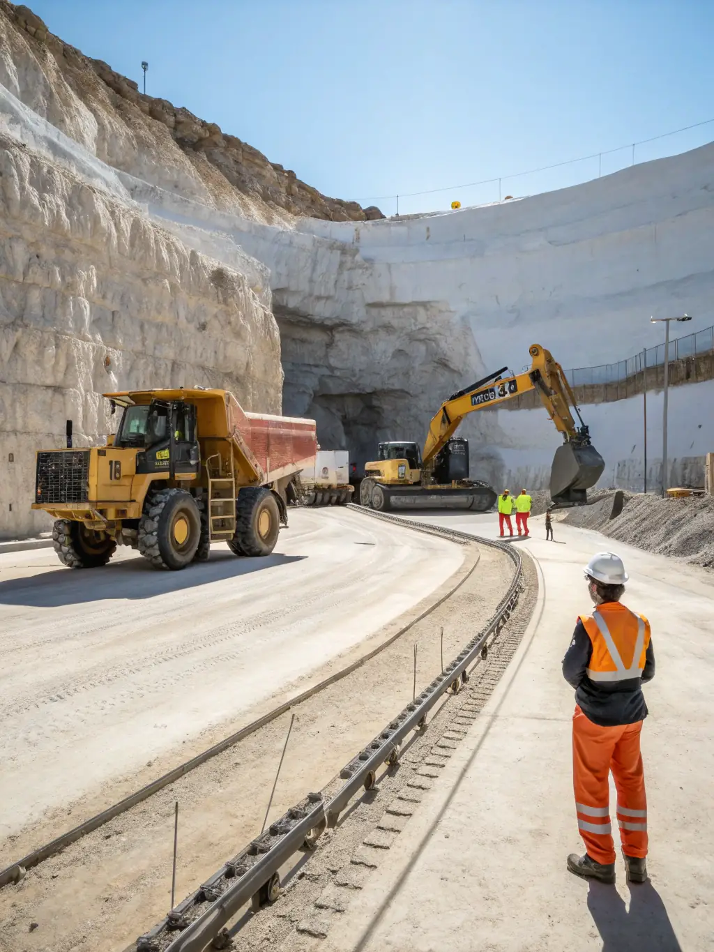 An image showing a safety training session with workers wearing protective gear and an instructor demonstrating safety procedures in a mining environment.