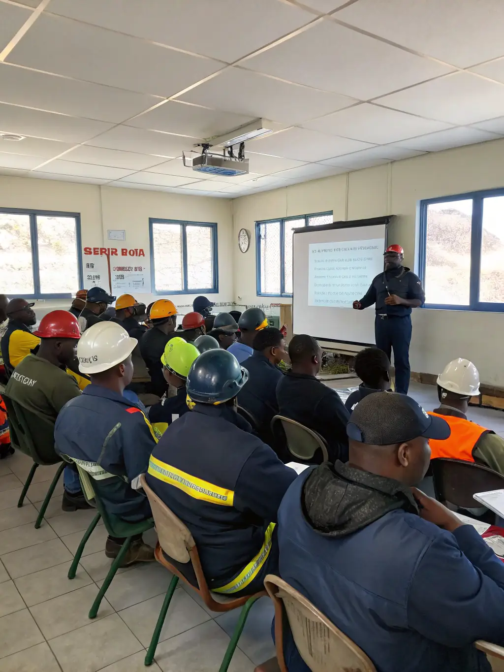A photo of a safety training session in a mine, showing workers actively participating and a trainer demonstrating safety procedures. The setting is realistic and emphasizes the importance of hands-on training.