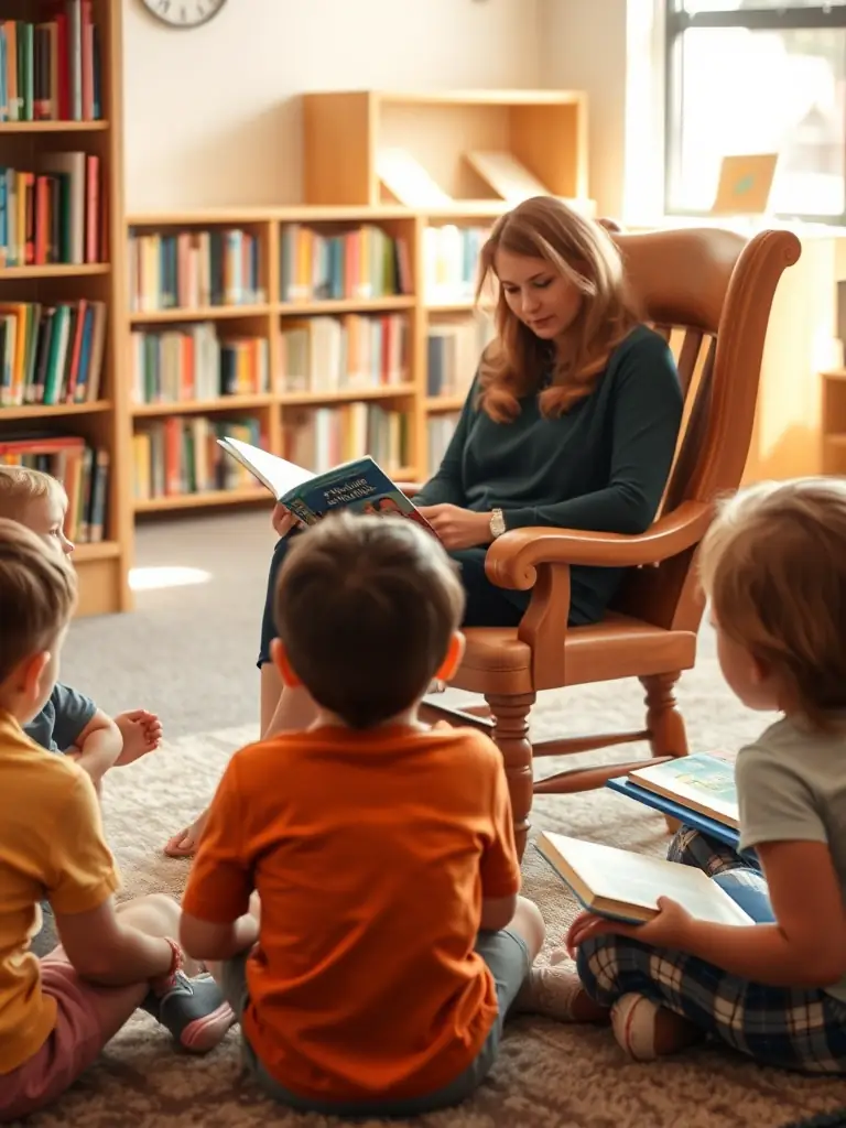 A group of children participating in a storytelling session at the library, with a librarian reading aloud from a colorful picture book.