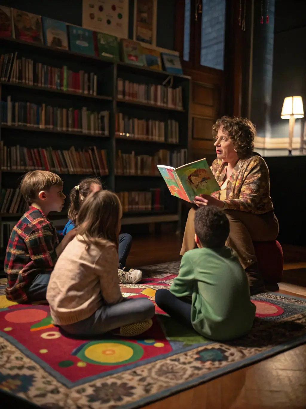 A group of children sitting in a circle, listening attentively to a librarian reading a storybook during a storytelling session at LECTURE POUR TOUS.