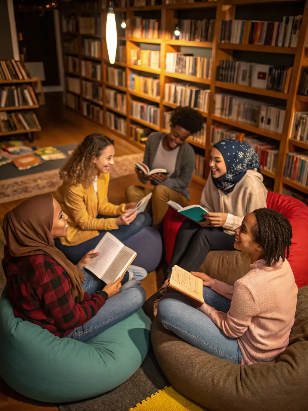 Adults participating in a book club discussion at the library, sharing their thoughts and interpretations of a selected novel.