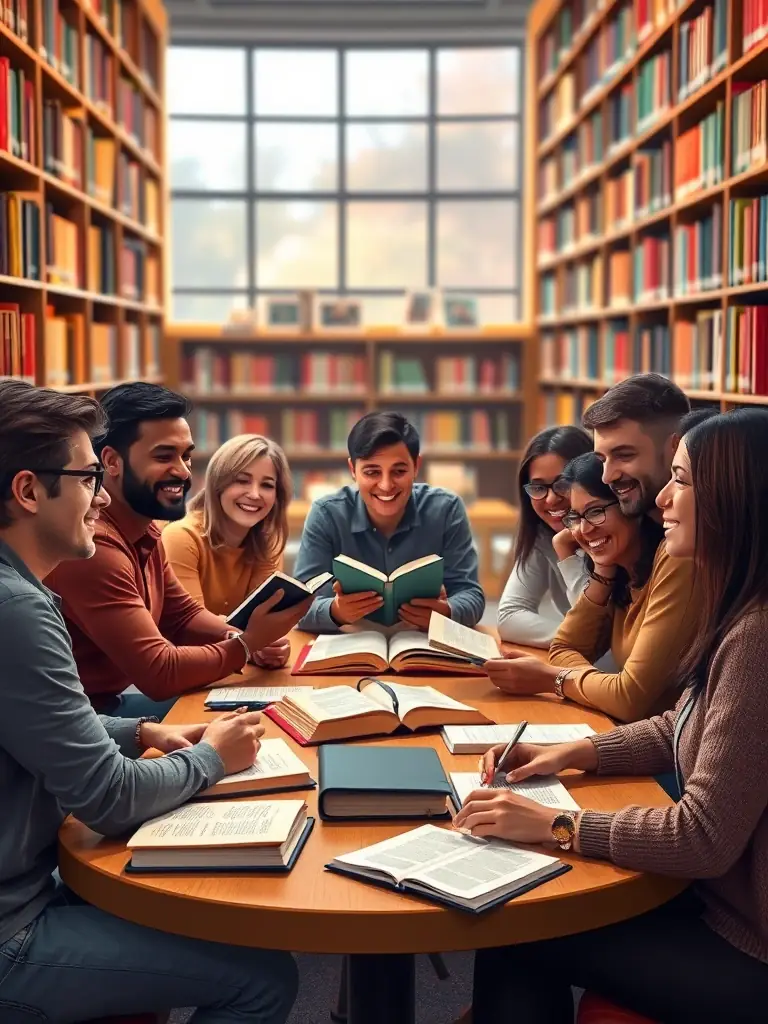 A diverse group of adults participating in a book club discussion at LECTURE POUR TOUS, sharing their thoughts and interpretations of a novel.
