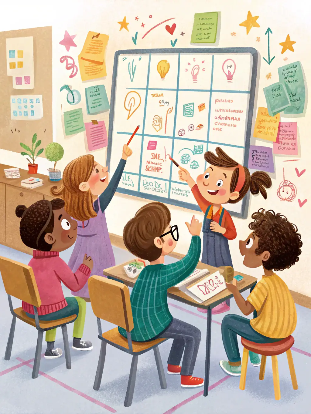 Teenagers participating in a creative writing workshop at LECTURE POUR TOUS, brainstorming ideas and sharing their work.