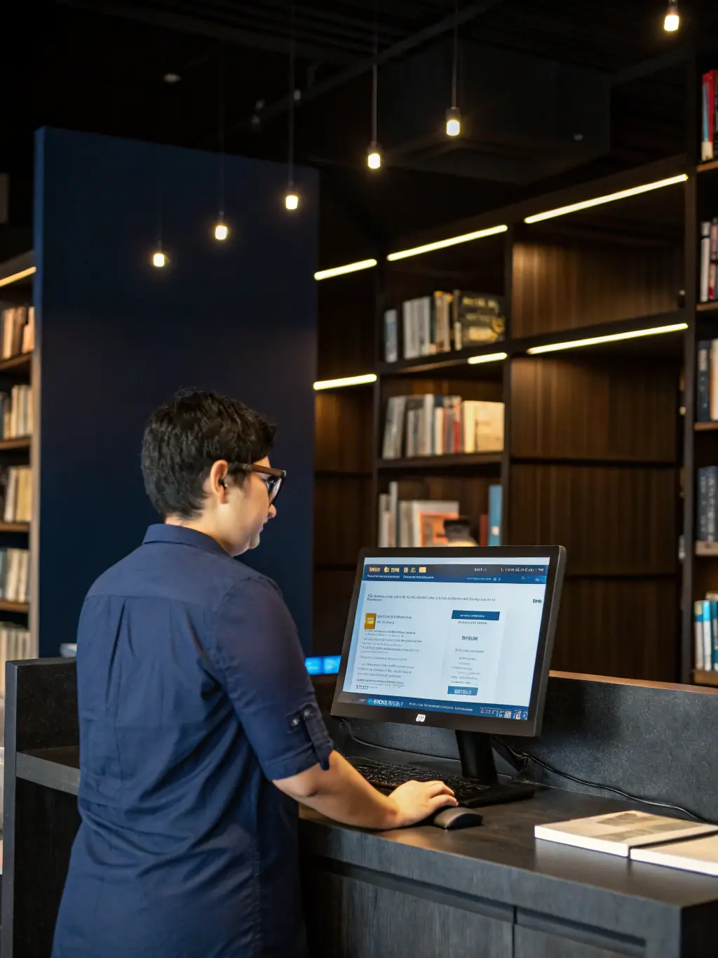 A librarian assisting a patron with research on a computer at the library, demonstrating the library's commitment to providing access to information.